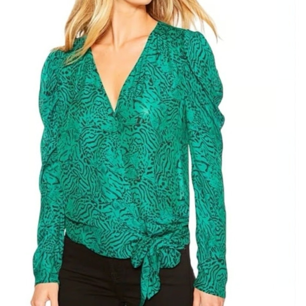 Parker Jaded Jaguar Silk Animal Print Wrap Blouse Green Black Long Sleeve Size M